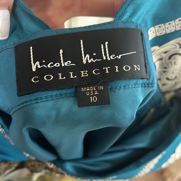 Nicole Miller Collection Print Rhinestone Plunge Neck Silk Midi Dress - Picture 6 of 7